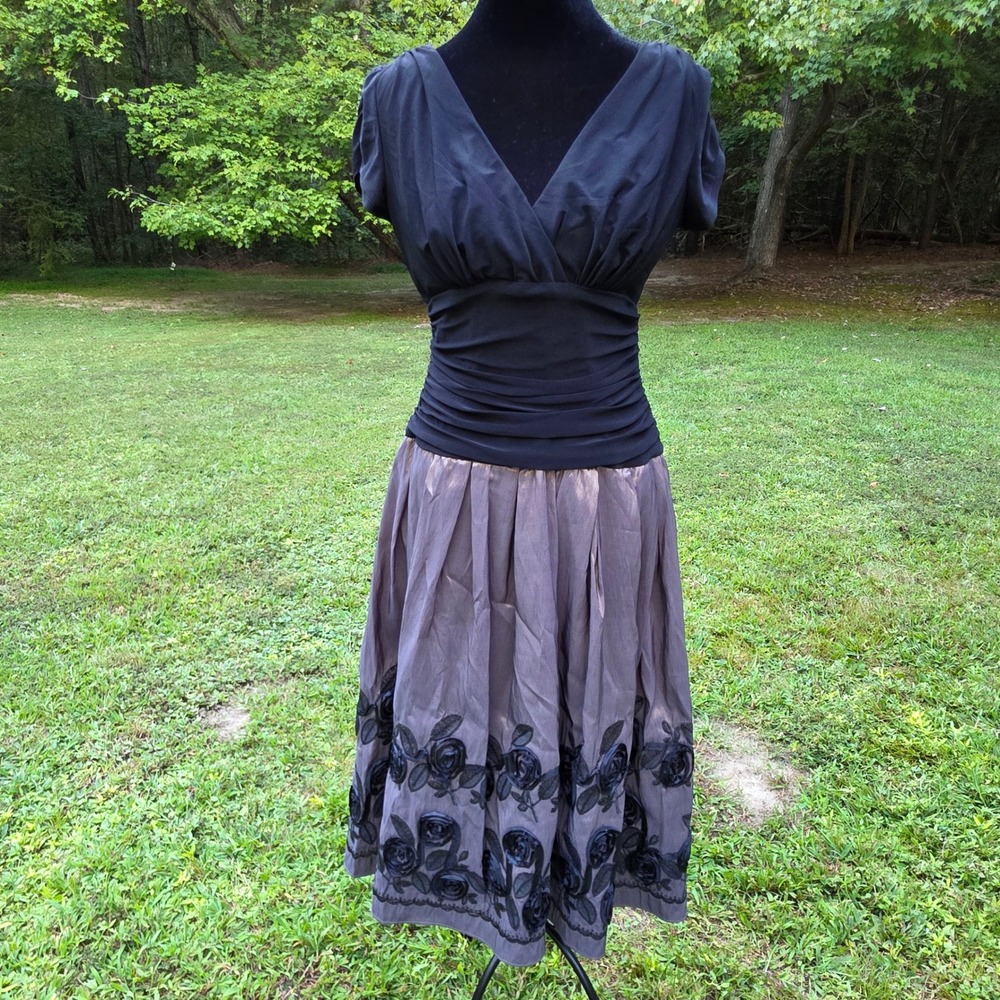 S.L. FASHIONS Womens 8 Black Taupe 3D Rosette Midi Dress Coquette Whimsigoth